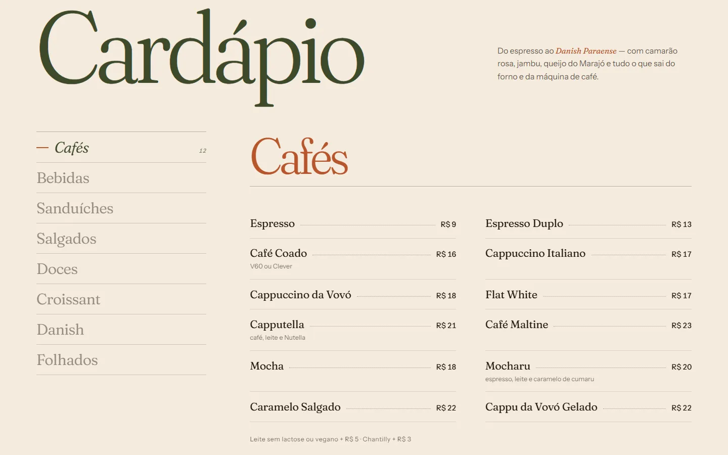 Café Belém — Cardápio