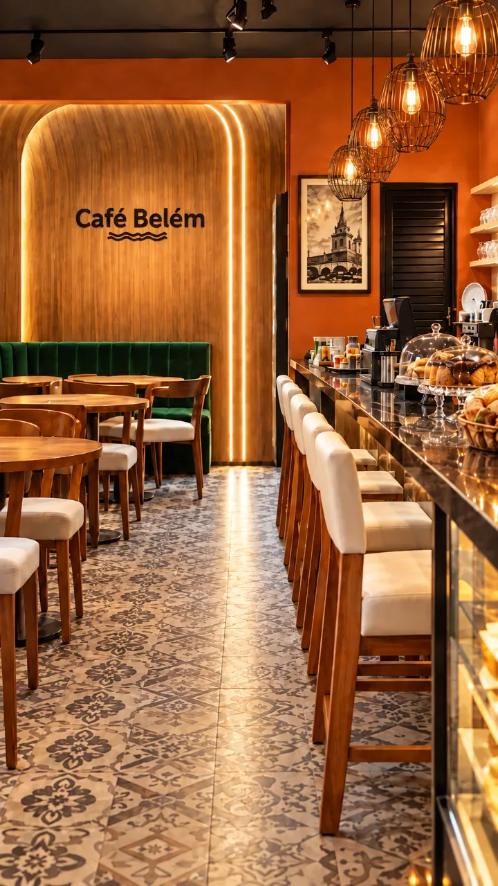 Prévia do projeto conceitual Café Belém: interior da cafeteria com o nome em destaque